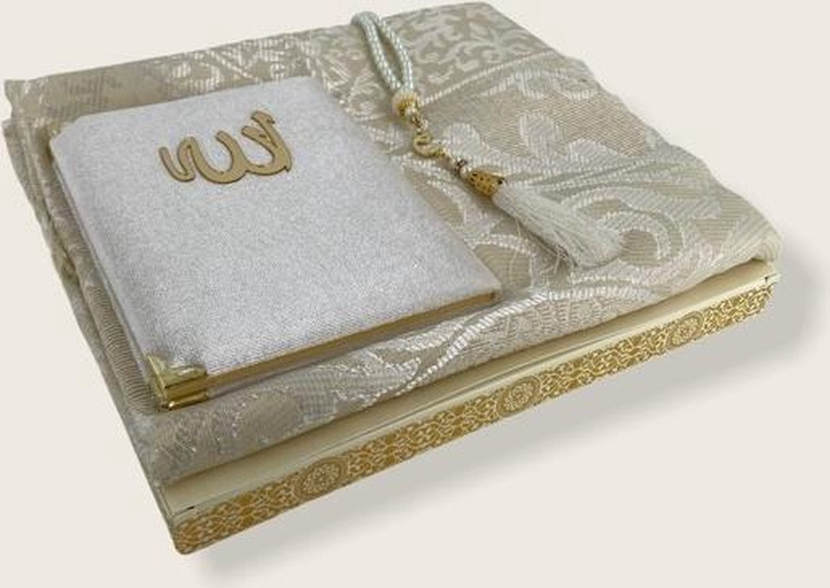 Fluwelen Yasin Mushaf boekje met gebedskleed en Tasbeeh Wit