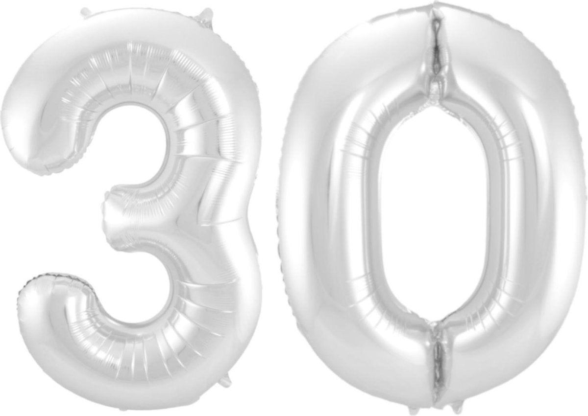 Ballon Cijfer 30 Jaar Zilver 36Cm Verjaardag Feestversiering Met Rietje