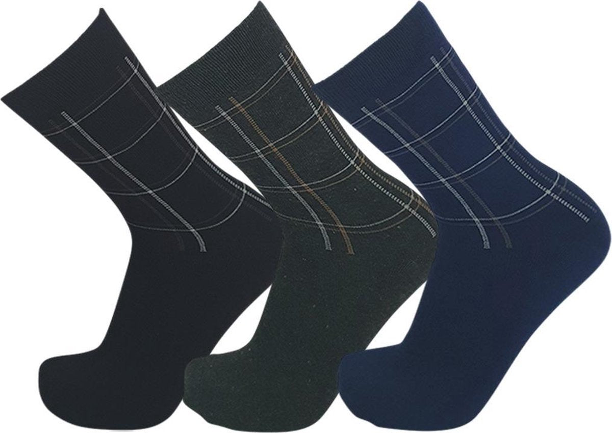Set Saffiro herensokken met een gestreept patroon 39/42 - Katoen - 3 paar - blauw + zwart + donkergrijs