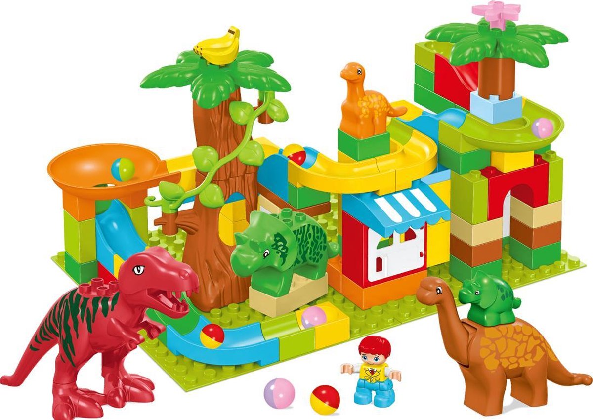 Knikkerbaan 100 delig met Dinosaurus & Bouwplaat - Bouwblokken Voordeelverpakking - Bouwstenen compatibel met Duplo