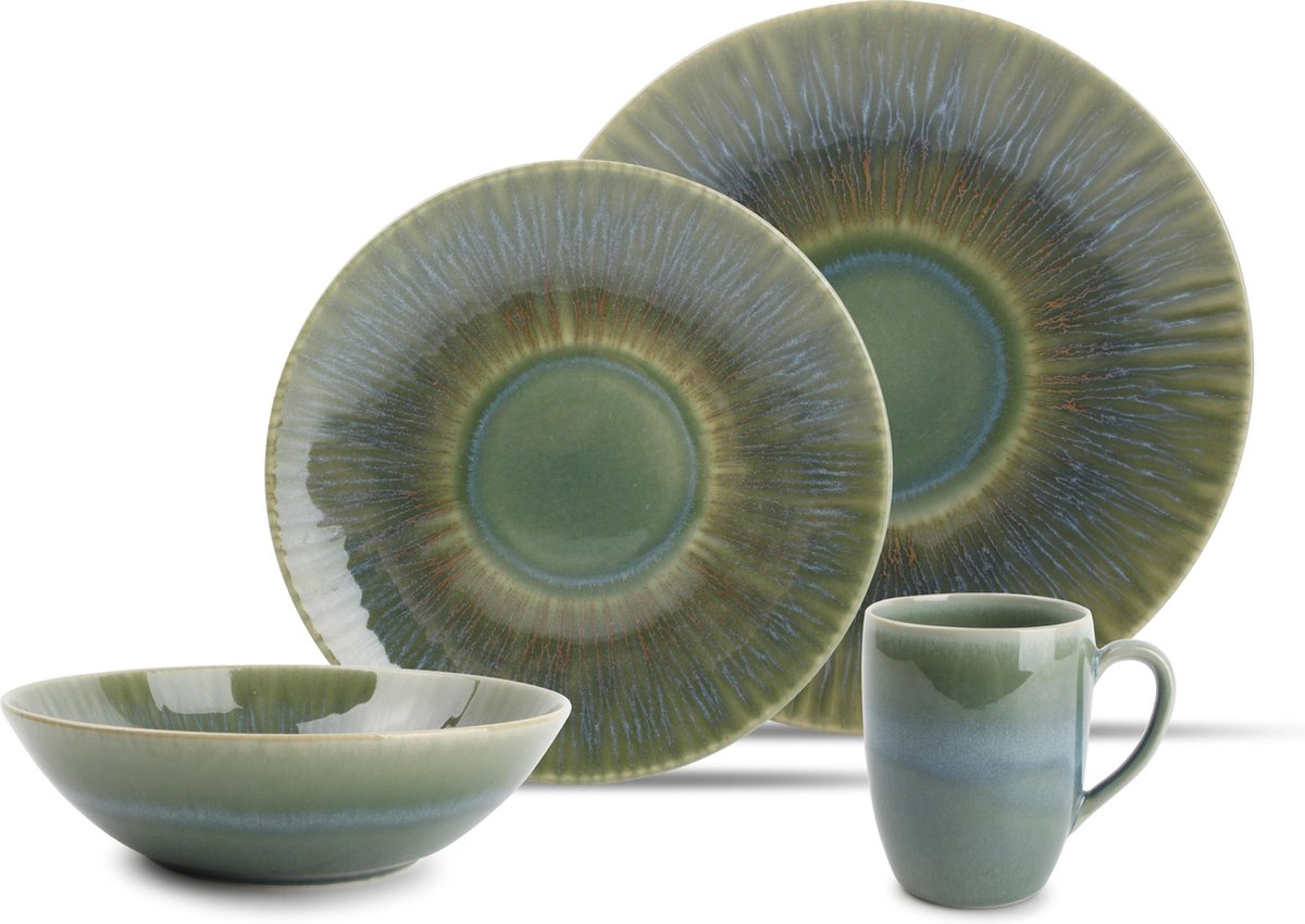 ONA Luce - Serviesset 4 persoons  - 16 Delig - Stoneware - Groen/blauw