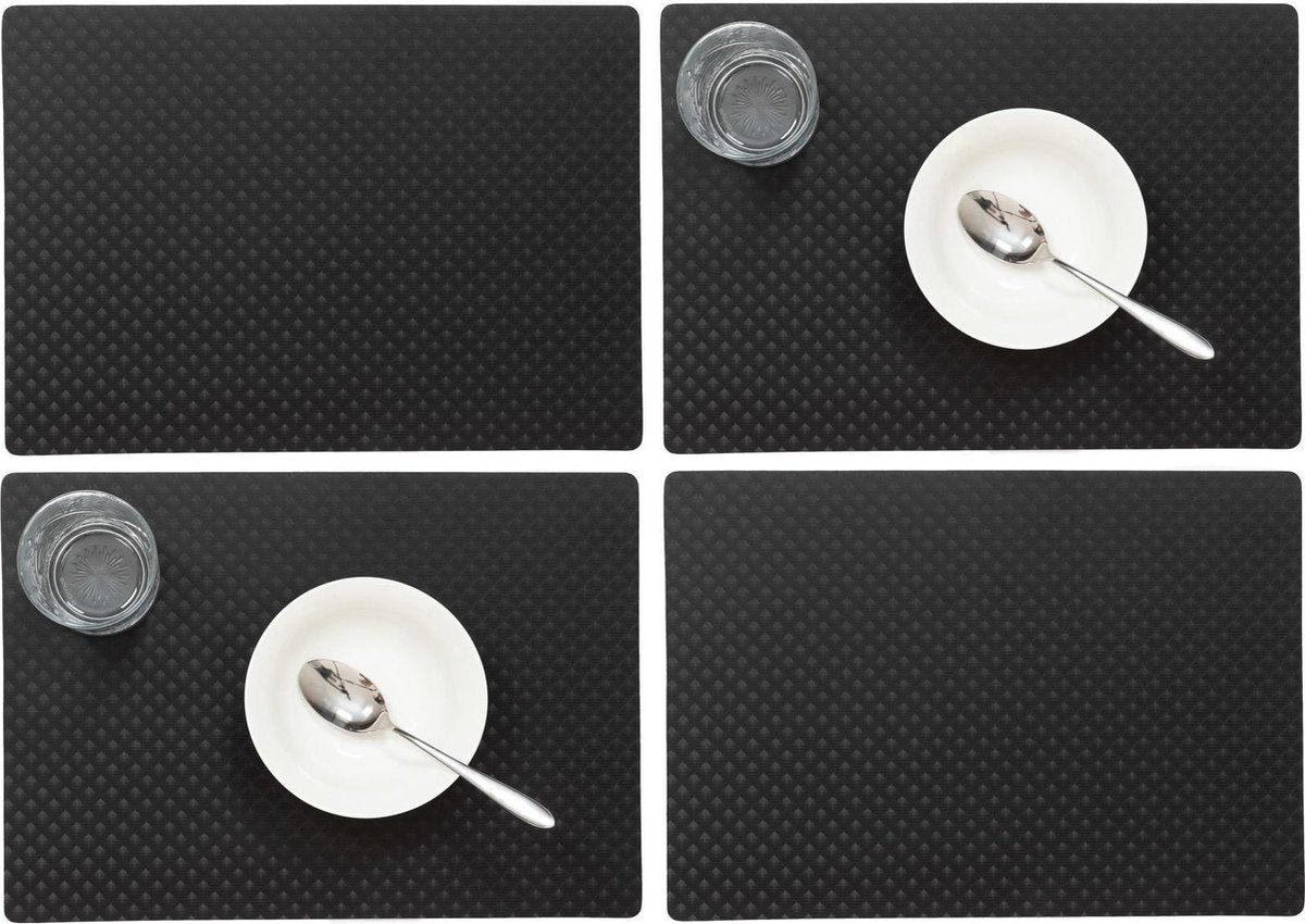 Set van 12x stuks stevige luxe Tafel placemats Zafiro zwart 30 x 43 cm - Met anti slip laag en Pu coating toplaag