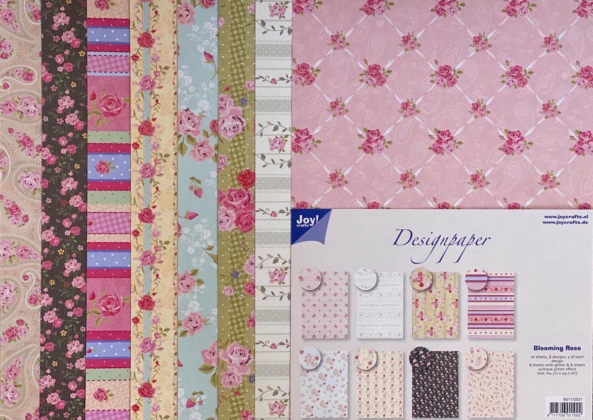 Joy!Crafts • Hobbypapier 16 vellen 8 designs / A4 - 150 g/m2  Blooming Rose