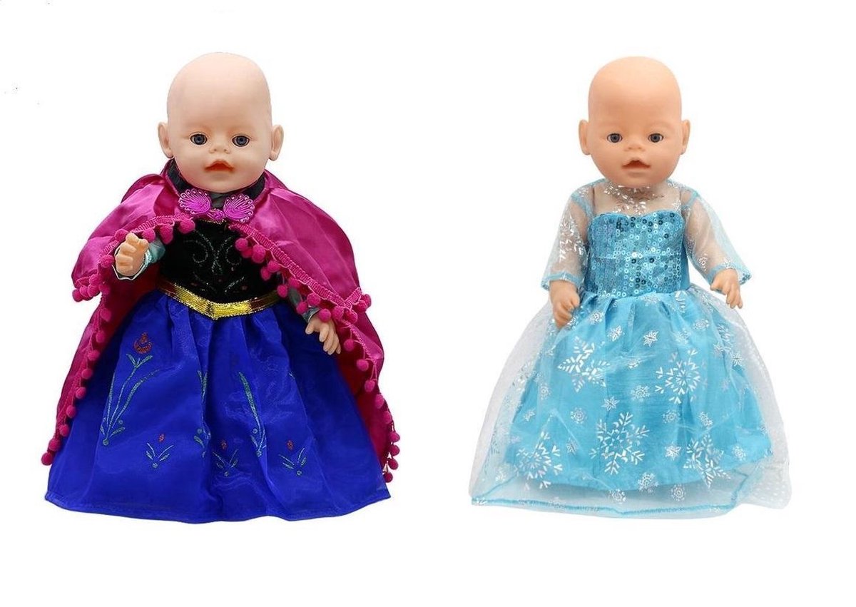 Prinses Anna en Elsa Jurk - Geschikt voor baby pop van 43 CM - Prinsessen jurkjes