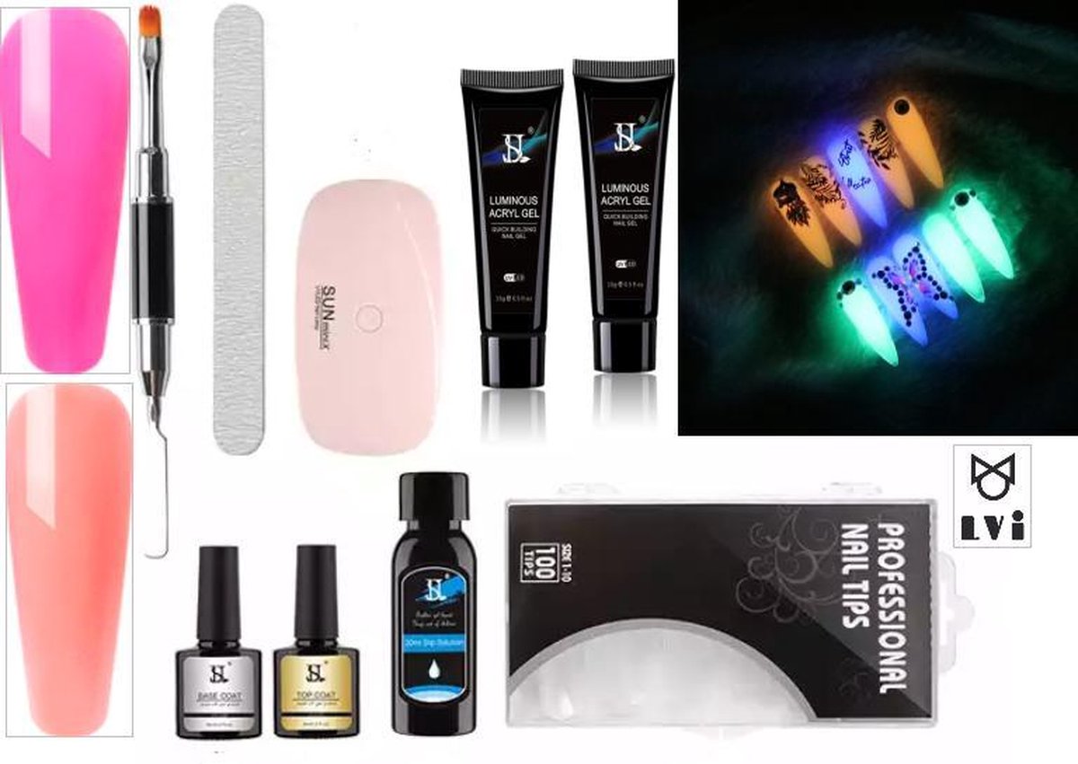 Elvi Polygel luminous kit- complete set inc. USB Uv/Led mini lamp - Nagelverlenging- Glow in the dark -Polyacryl gelnagellak kleuren Fuchsia roze & Zalm nude