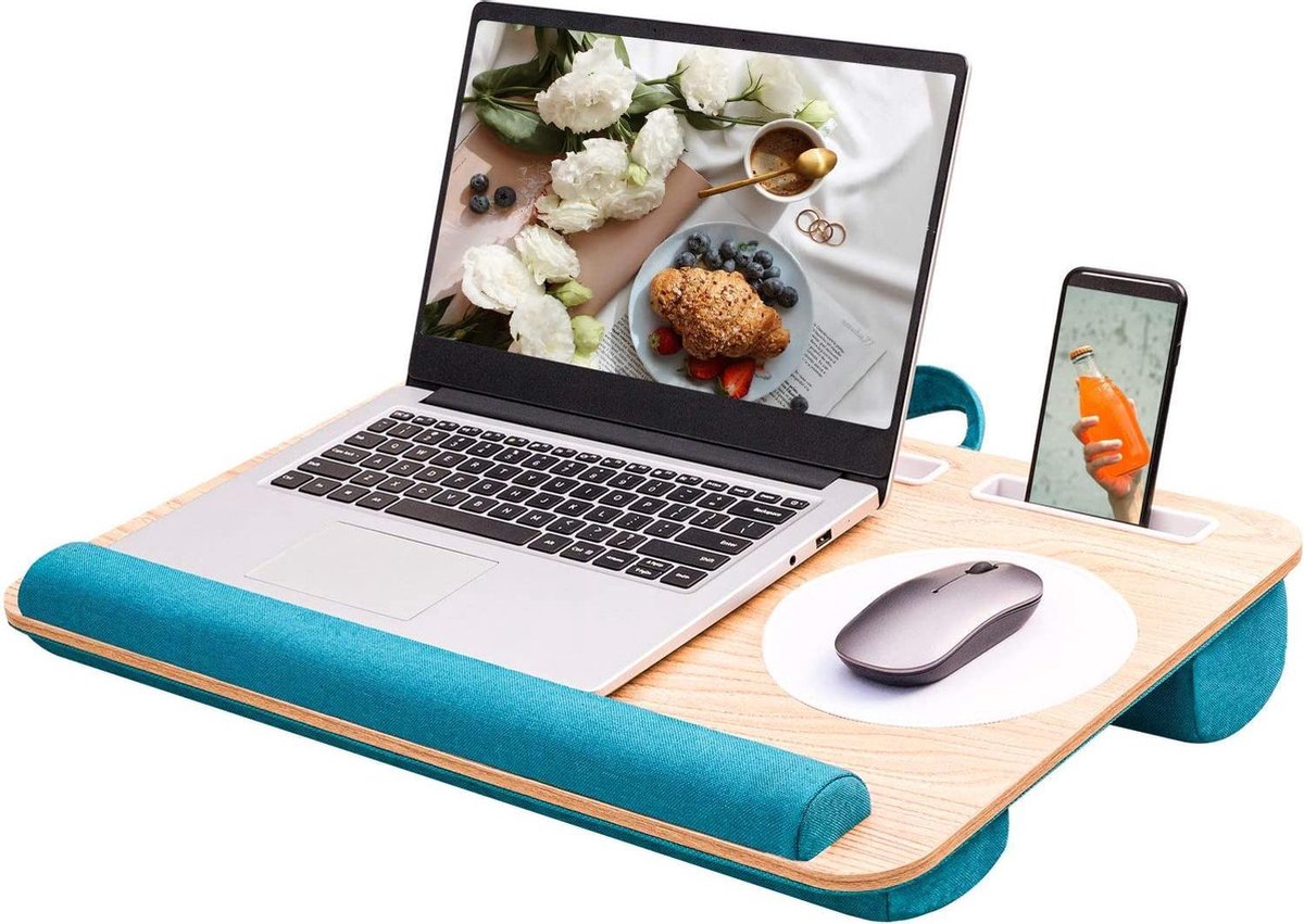 HN® Luxe Comfortabele schoot en bureau laptop / tablet / telefoon plateau blauw | Portable houder | Ingebouwde houders / muismat en kussens | bed bank trein auto | laptophouder bedtafel | knie tafel