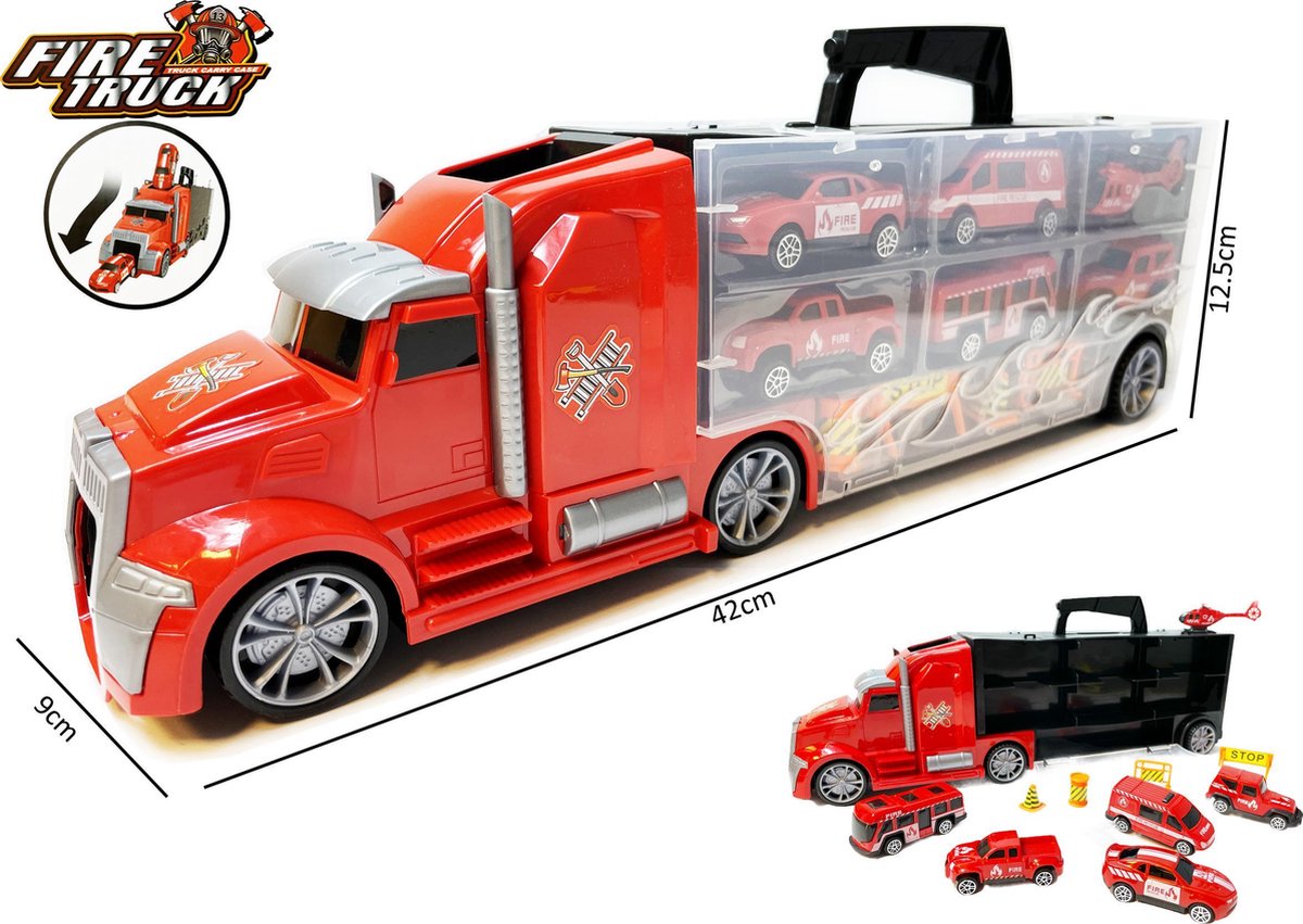Brandweer Vrachtwagen set koffer - speelgoed brandweer 10-delig set- Mega Fire truck - 42CM