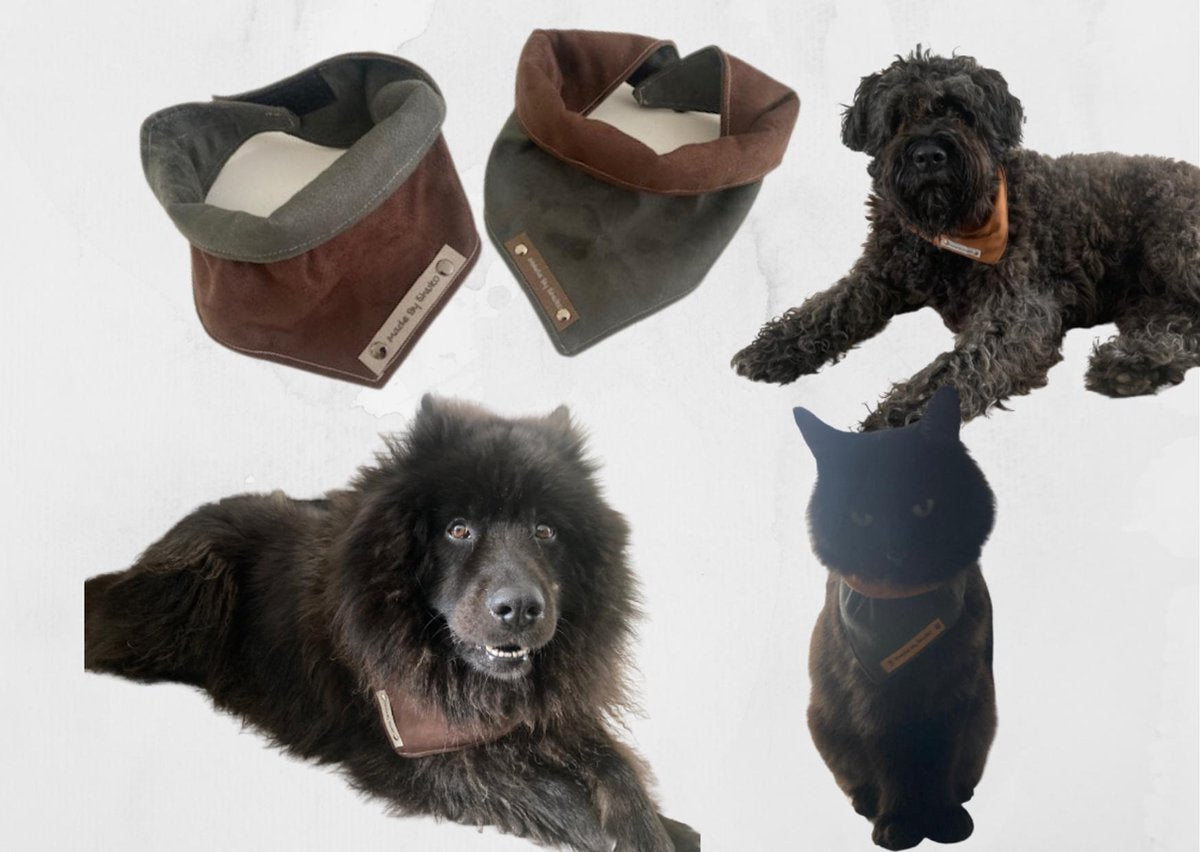 Bandana voor katten en honden. Maat XXS in de kleuren donkerbruin en antraciet. Dubbelzijdig te dragen. Halsdoek. Halssjaal. Honden fashion. Hondenkleding. Mode accessoires voor huisdieren. MadeByShuko
