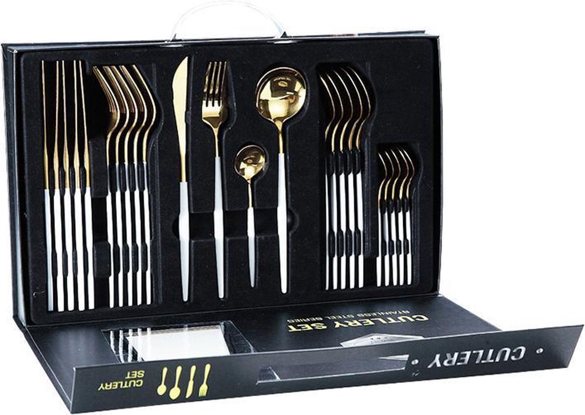 24 Delige Bestek Set in Luxe Doos|eetlepel|vork|theelepel|messen|  6 personen| Wit/Goud