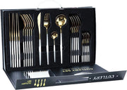 24 Delige Bestek Set in Luxe Doos|eetlepel|vork|theelepel|messen|  6 personen| Wit/Goud
