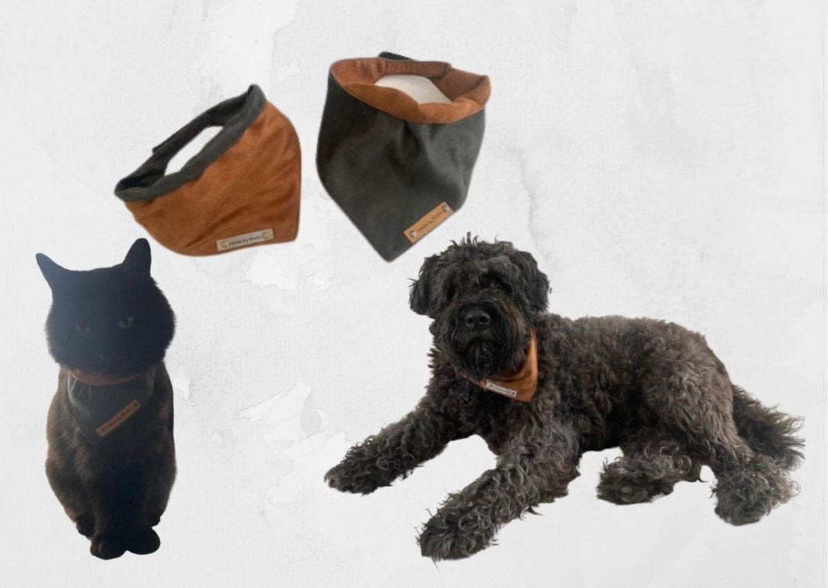 Bandana voor honden. Maat XXL in de kleuren cognac en antraciet. Dubbelzijdig te dragen. Halssjaal. Halsdoek. Hondenfashion. Hondenkleding. Mode accessoires voor honden. MadeByShuko