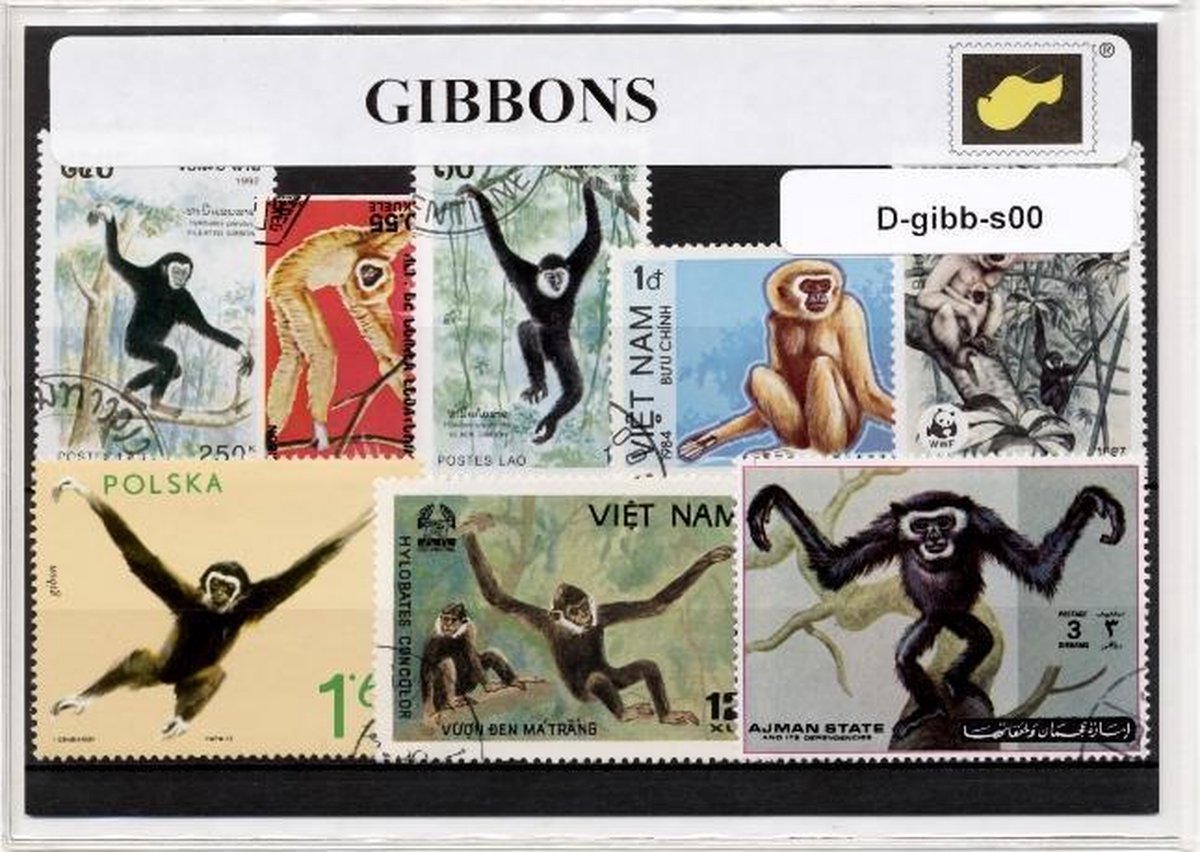 Gibbons – Luxe postzegel pakket (A6 formaat) - collectie van verschillende postzegels van gibbons – kan als ansichtkaart in een A6 envelop. Authentiek cadeau - kado - kaart - aapje - aap - primaat - dieren - mensaap - Hylobatidae