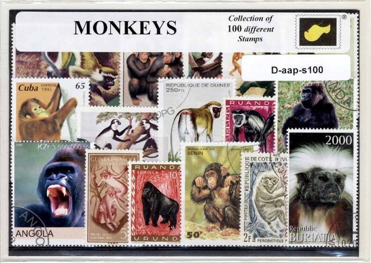 Apen – Luxe postzegel pakket (A6 formaat) - collectie van 100 verschillende postzegels van apen – kan als ansichtkaart in een A6 envelop. Authentiek cadeau - kado - kaart - aapje - aap - primaat - dieren - chimpansee - gorilla - halfapen - mandril