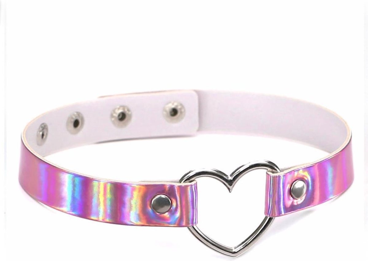 KIMU choker roze hartje - iridescent holografisch collar ketting sexy