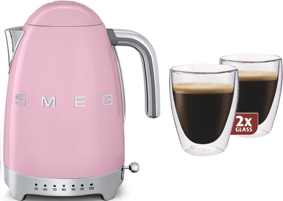 Smeg regelbare waterkoker KLF04PKEU - Roze + Maxxo dubbelwandige glazen - 2 stuks