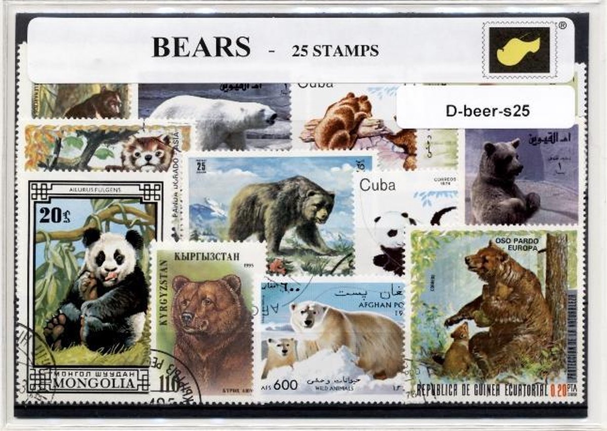 Beren – Luxe postzegel pakket (A6 formaat) : collectie van 25 verschillende postzegels van beren – kan als ansichtkaart in een A6  envelop - authentiek cadeau - kado -kaart - dieren - bruine beer - zwarte beer - grizzly - alaska - canada - panda