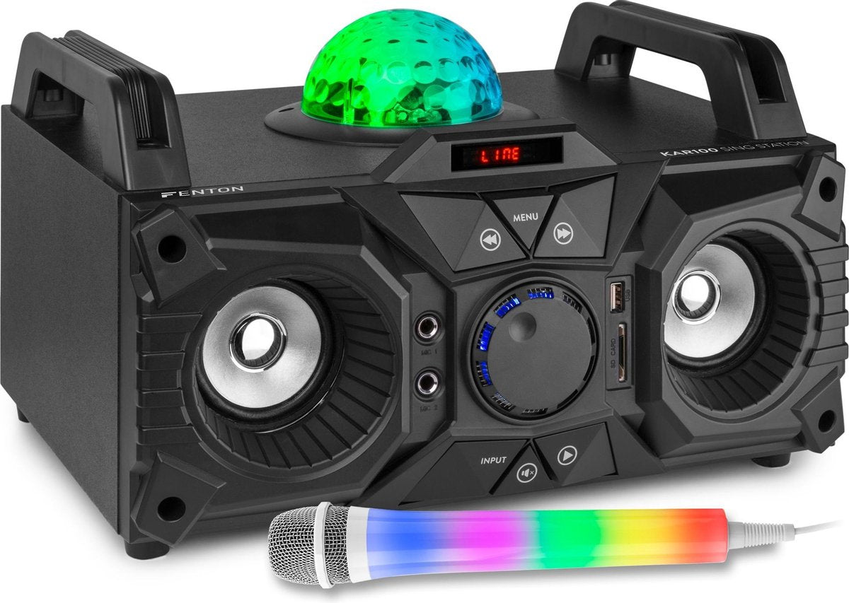 Karaoke set met LED karaoke microfoon - Fenton KAR100 - Ingebouwde accu - 100W - Lichtgevende LED  microfoon - Bluetooth - Ingebouwd lichteffect