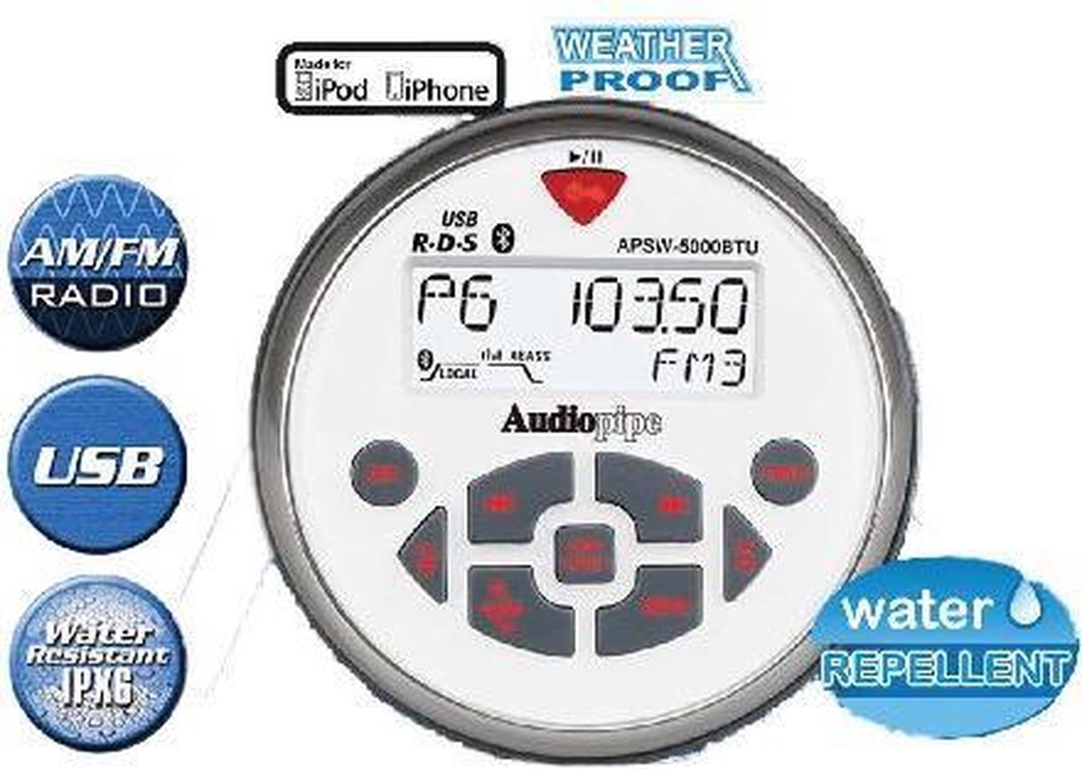 Audiopipe IPx6 inbouw bluetooth radio wit