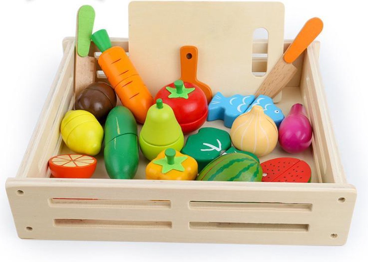 Houten Speelgoed fruit en groente - 17 delig - Mét snijplank en houten messenset - Speelgoedeten drinken - Speelgoed eten en drinken - Speelgoed fruit hout