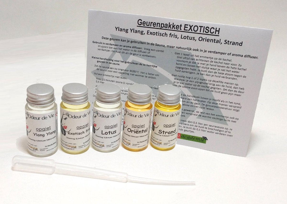 Cadeaupakket Sauna opgiet geur: 5x Exotisch 30 ml. Met minicursus opgieten