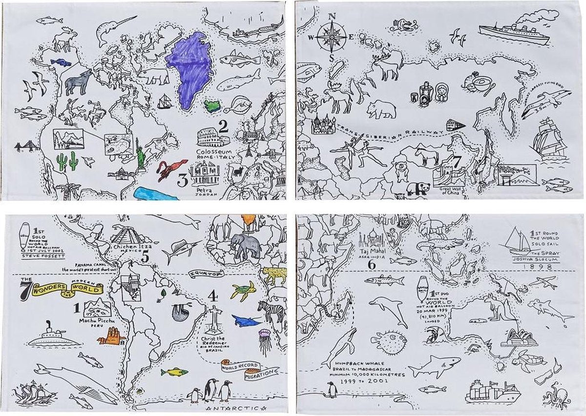 EatSleepDoodle Placemats Wereldkaart Set van 4 - Om in te kleuren