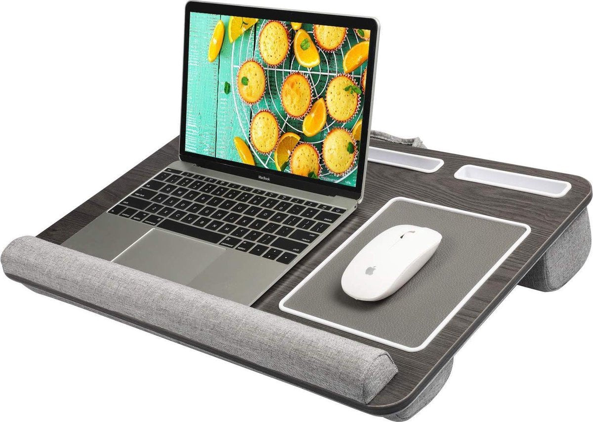HN Luxe Laptoptafel met houders - Schoottafel - Grijze kussen/ Donker hout