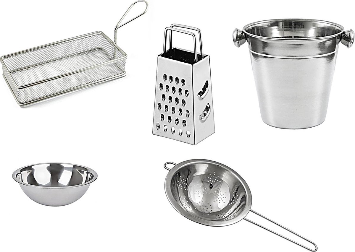 Blokrasp + Saladeschaal / mengkom +Patatvergiet / Opdienmandje + Vergiet + IJsemmer RVS - 5-DELIGE SET
