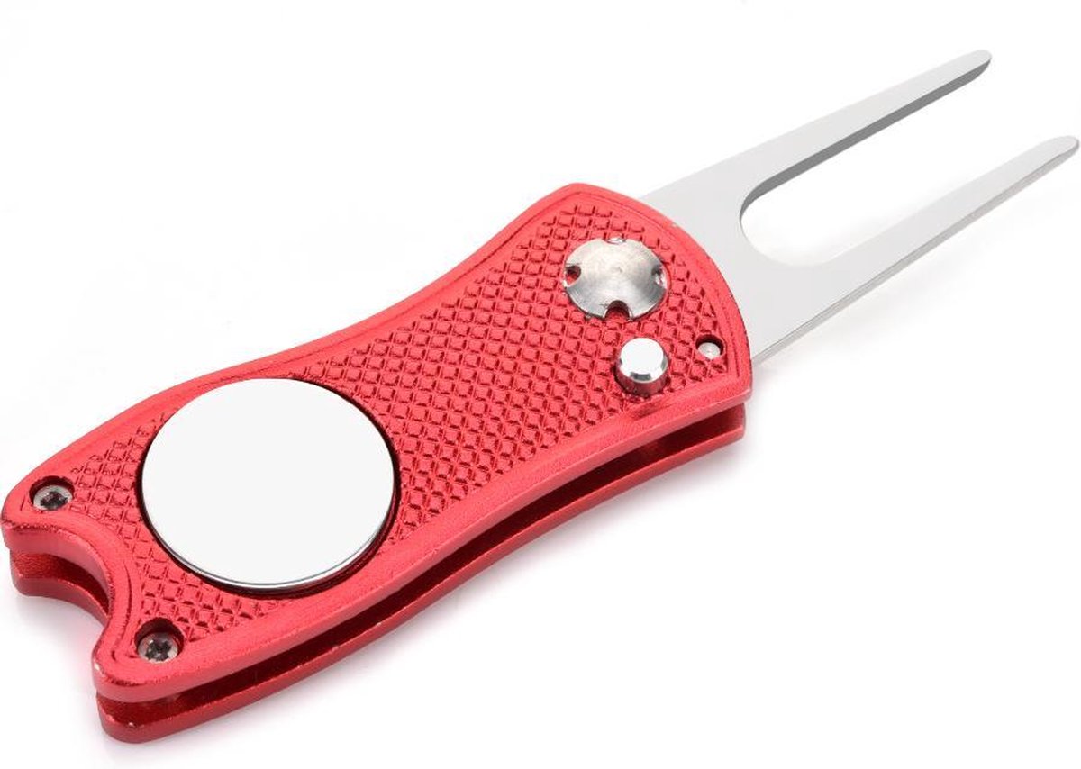 Firsttee - Pitchfork golf - Opvouwbaar - INCLUSIEF MARKER - Rood - Repareer Greens - Golf accessoires - Golfballen - Pitchfork marker - Pitchfork metaal - Compact - Pocket  - Marker golfbal - Golfbalmarkers - Golf sport - Golf training - Cadeau