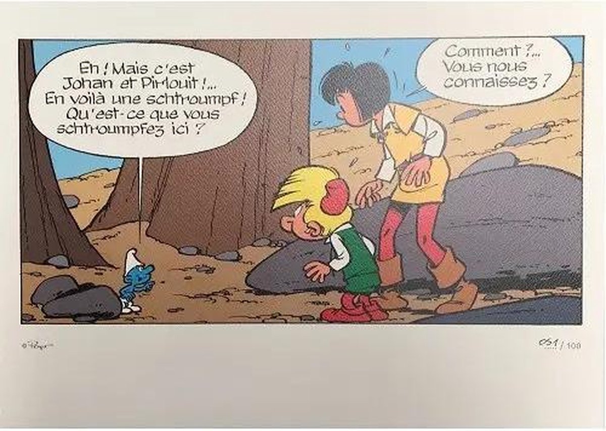 Smurfen Litho plaat/ tekening gelimiteerd 100 stuks Johan en Pirrewiet 40x30 cm