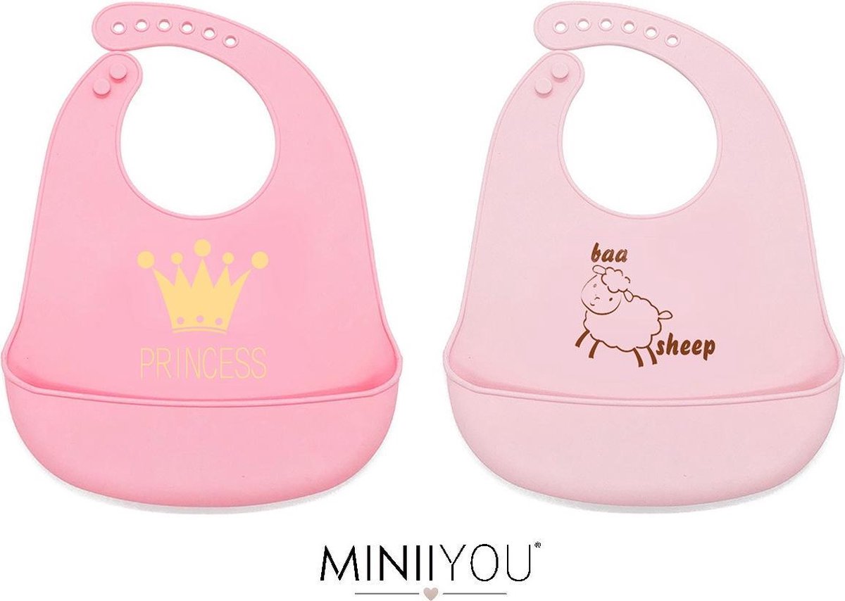 MINIIYOU® Duo pack meisjes siliconen slabbetjes | Siliconen  Slabber  verstelbaar  met opvangbak - prinses - konijn |BPA - Vrij | Waterproof - Waterdichte slabbetjes | Baby en Peuter Slabbetje