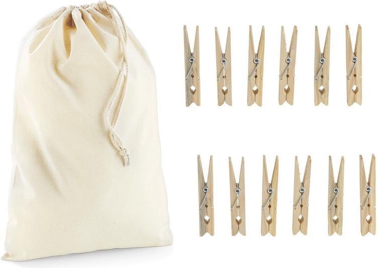 Wasknijperzakje / tasje met afsluitkoord en 20x houten wasknijpers - knijperzak / opbergtas
