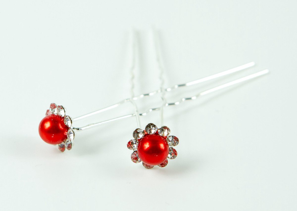 Haarpinnen parel rood met strass.
