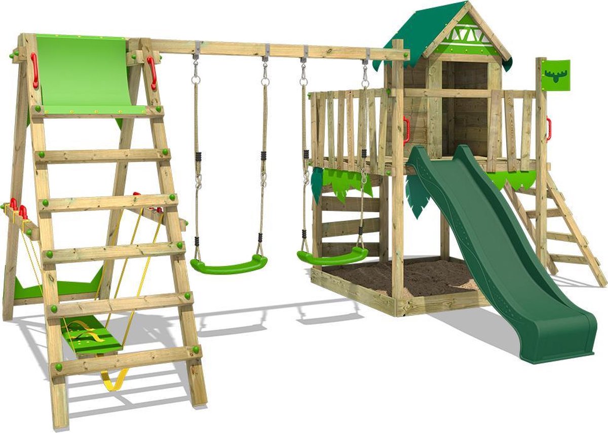 FATMOOSE Speeltoestel voor tuin JazzyJungle met schommel SurfSwing en groene glijbaan
