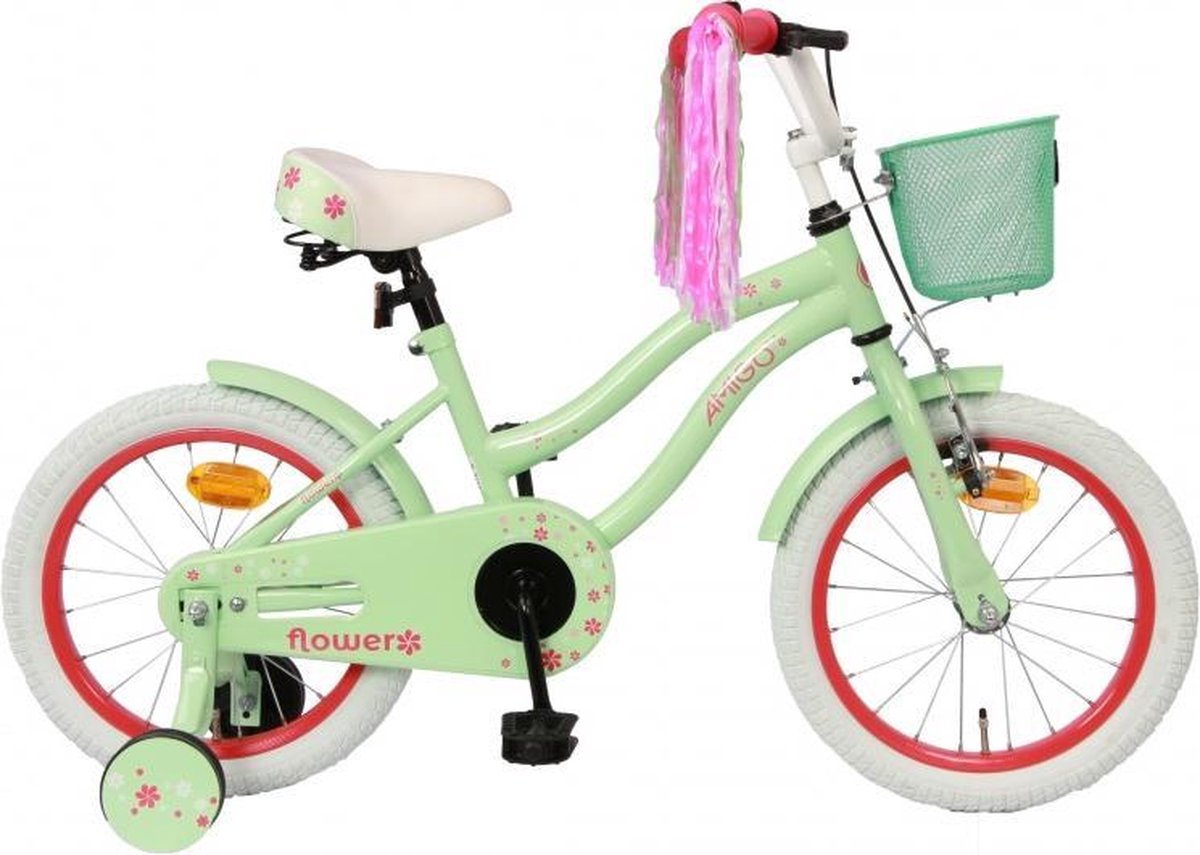 Kinderfiets - Flower - 16 inch - 26 cm - Met terugtraprem - Met zijwieltjes - Groen