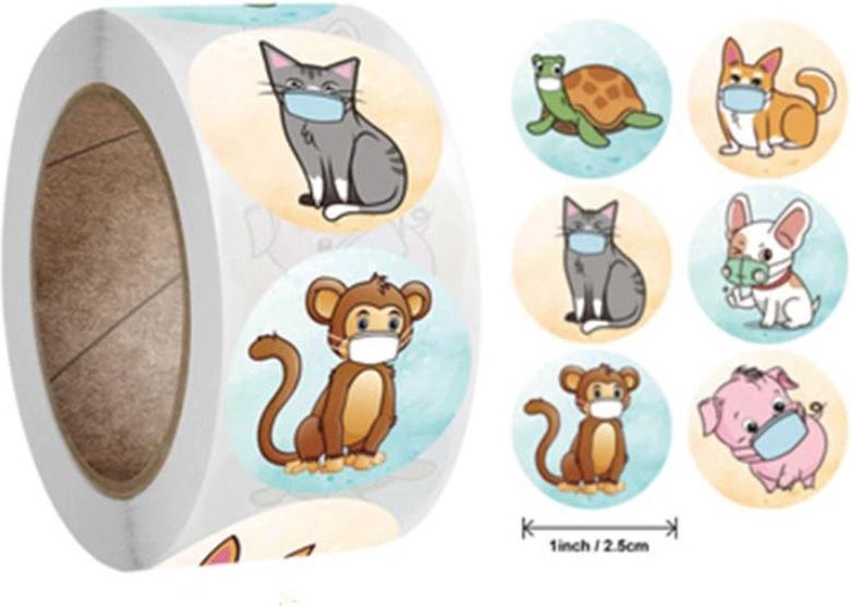 500 stickers op rol dieren met mondmaskers 2
