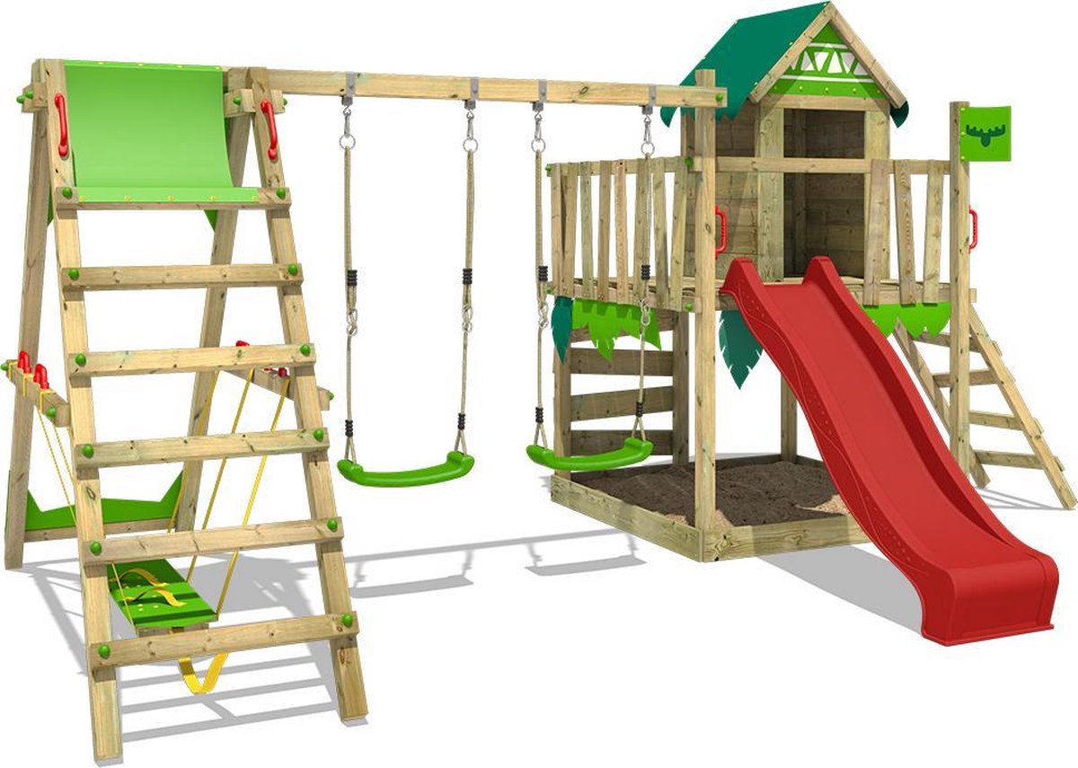 FATMOOSE Speeltoestel voor tuin JazzyJungle met schommel SurfSwing en rode glijbaan
