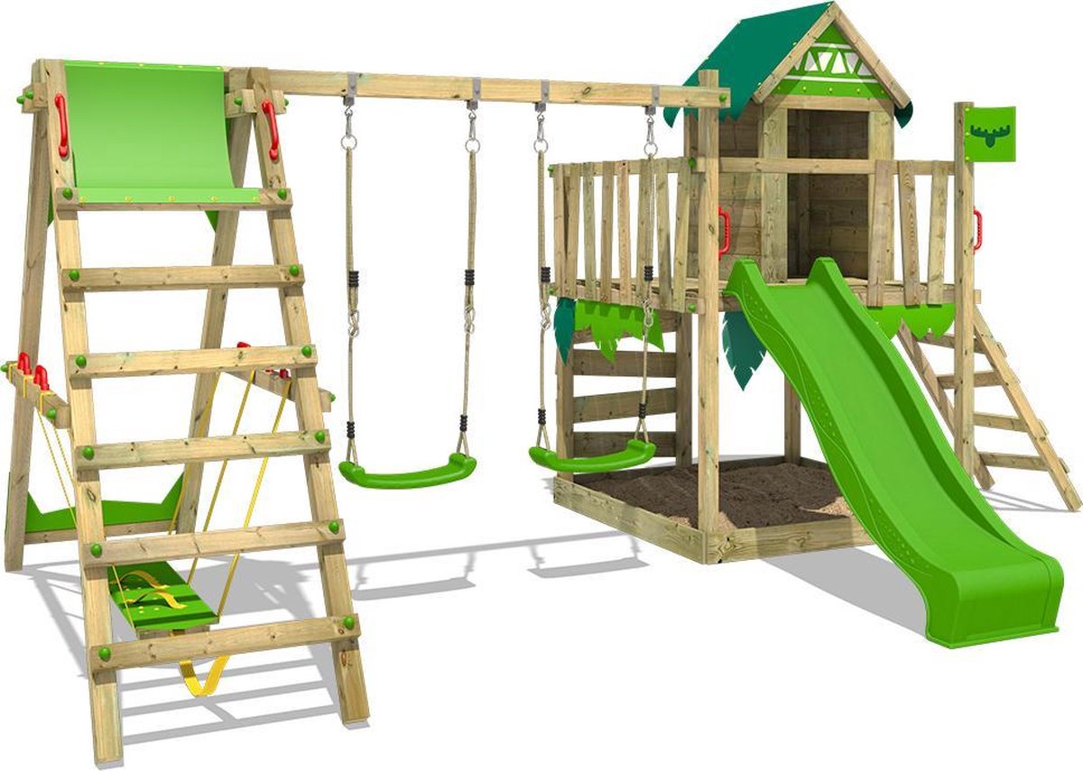 FATMOOSE Speeltoestel voor tuin JazzyJungle met schommel SurfSwing en appelgroene glijbaan
