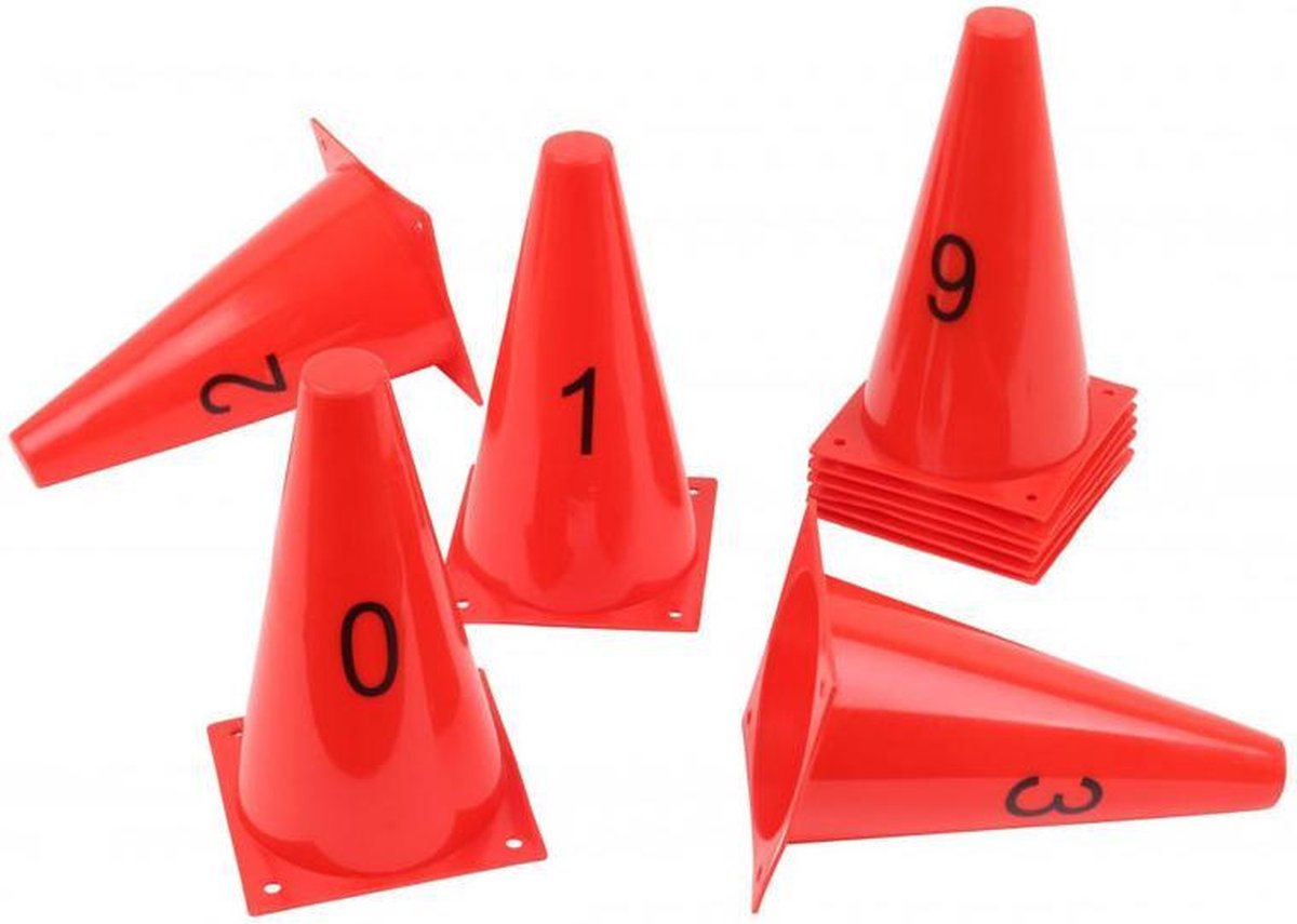 Vinex| 10 Kegels met cijfers | Pionnen met cijfers genummerd 1 t/m 9 | Hoogte ca. 23 cm. Pionnenset van 10 stuks | Rood
