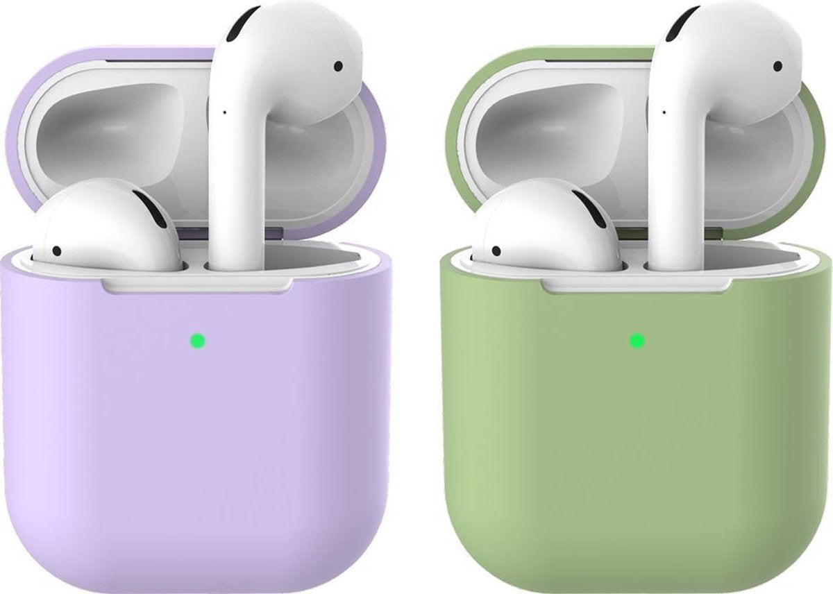 2 beschermhoesjes voor Apple Airpods - Lila & Groen - Siliconen case geschikt voor Apple Airpods 1 & 2