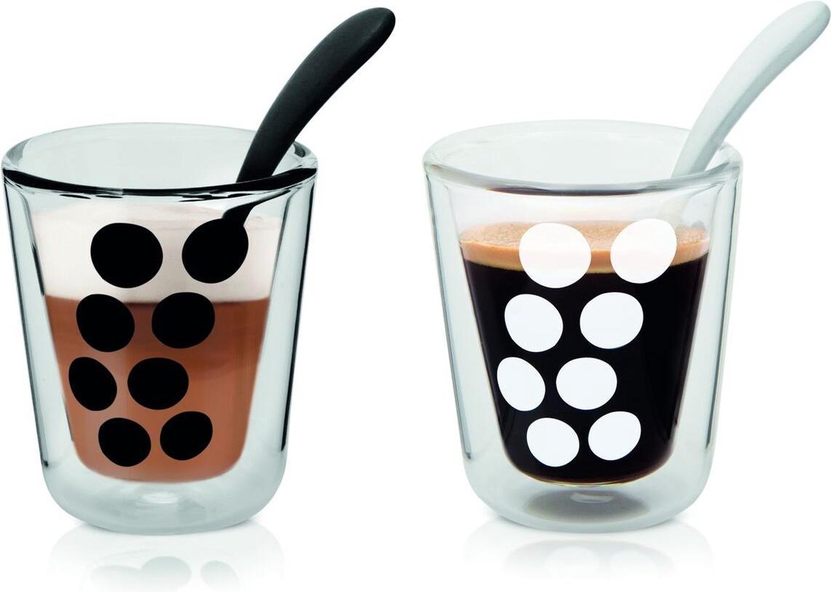 Zak!Designs Dotdot Koffiebeker - Dubbelwandig - Met Lepel - 20 cl - Set van 2 stuks - Zwart/Wit
