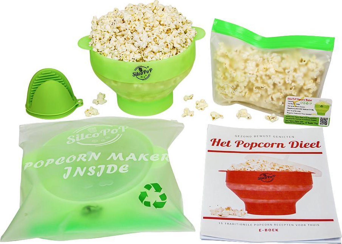 SilcoPoP 4in1 Popcorn Maker Bundle Groen - Siliconen Popcorn Popper Simpel & Opvouwbaar - Paar Hittebestendige Ovenwanten - Herbuikbare Luchtdichte Ziplock Opslag Tas - Milieuvriendelijk Verpakt - Met Gratis Recepten E Book in 3 Talen & VolumeKorting