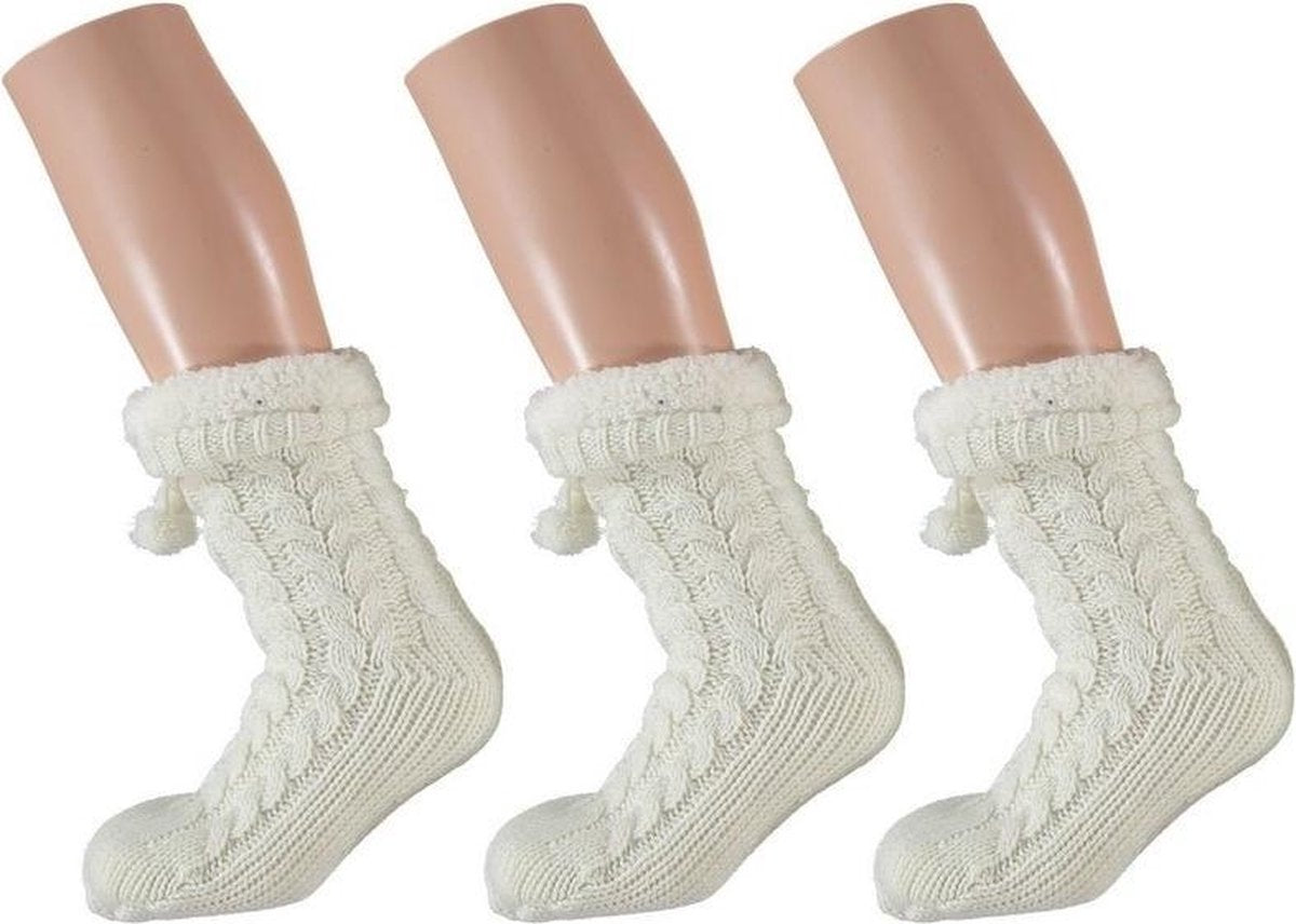 3 Paar gebreide anti-slip huissokken/slofsokken wit mt 35-41 voor dames