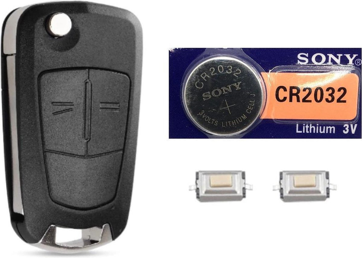 Autosleutel 2 knoppen + Sony Batterij CR2032 en Microschakelaars geschikt voor Opel sleutel / Opel Astra / Opel Corsa / Opel Zafira / Opel klapsleutel.