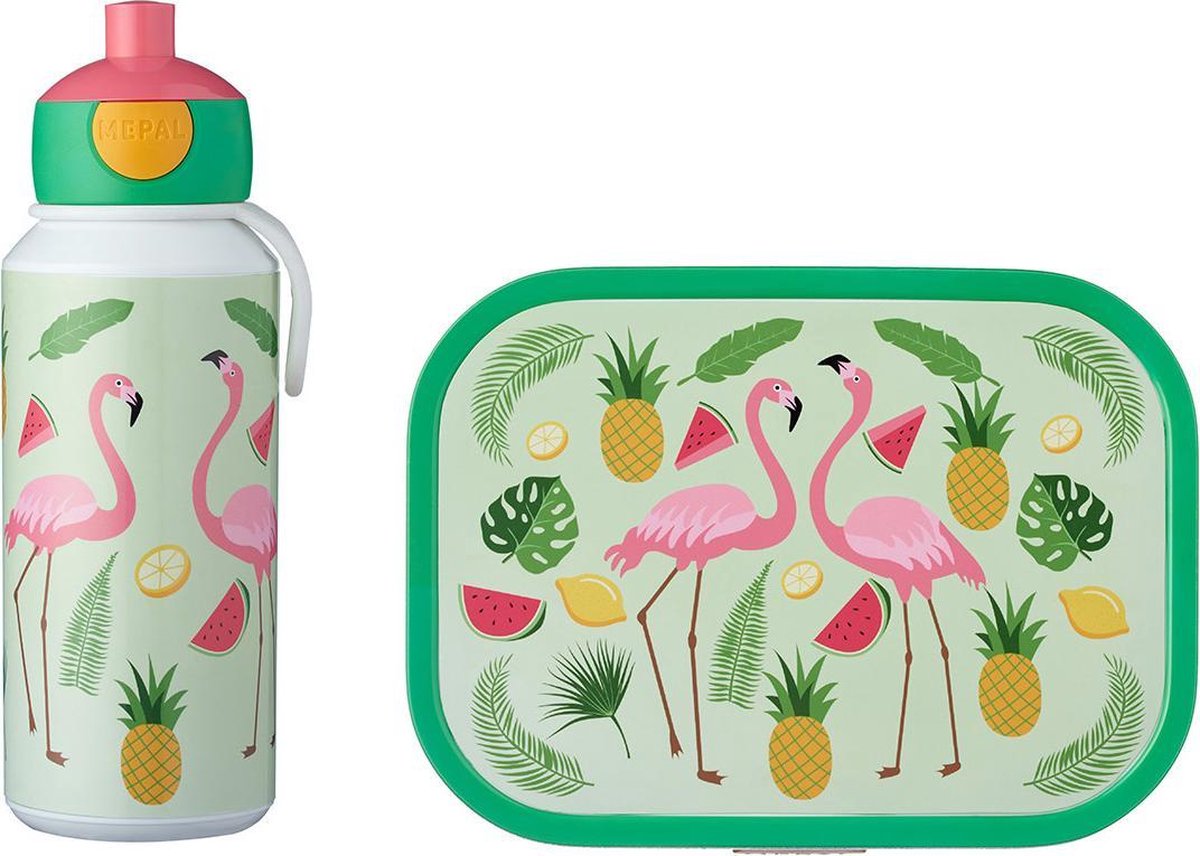 Mepal – Lunchset campus (pu + lb) – pop-up drinkfles en broodtrommel voor kinderen – Tropical Flamingo – bento box – lekvrij