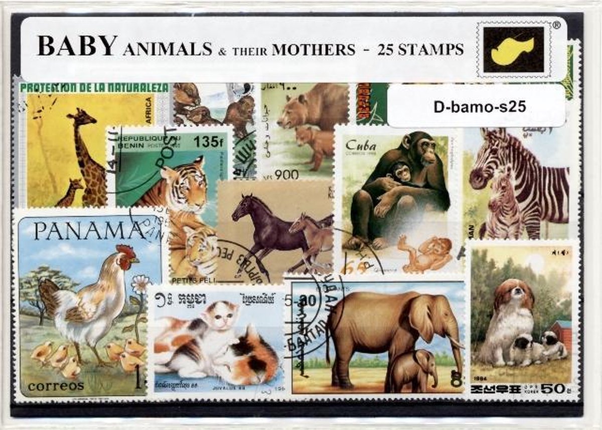 Babydieren en hun moeders – Luxe postzegel pakket (A6 formaat) : collectie van 25 verschillende postzegels van babydieren en hun moeders – kan als ansichtkaart in een A6  envelop - authentiek cadeau - kado -kaart -dieren - dierentuin - kleine dieren