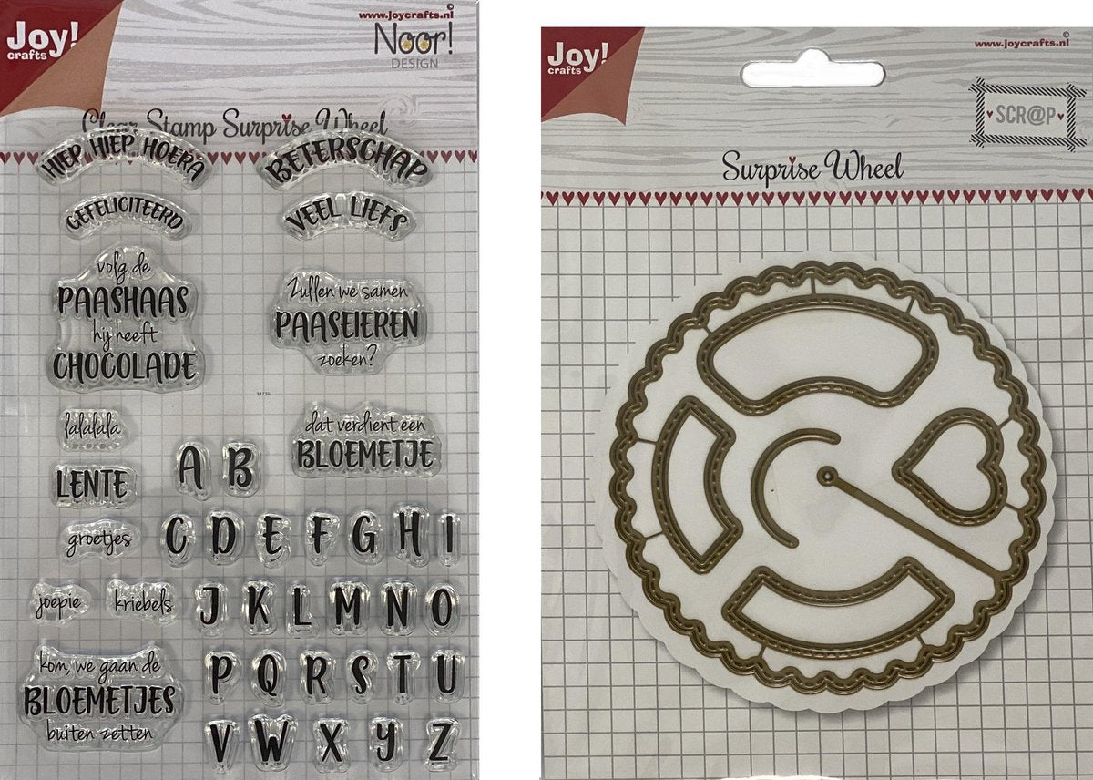 Joy!Crafts / Suprise Wheel Set / Stansmal - Noor - Surprise Wheel  (95x95 mm) 6002/0531 en Clearstamps - Noor - Surprise Wheel - tekst NL (146x105 mm) Stempels woorden en letters 6410/0531