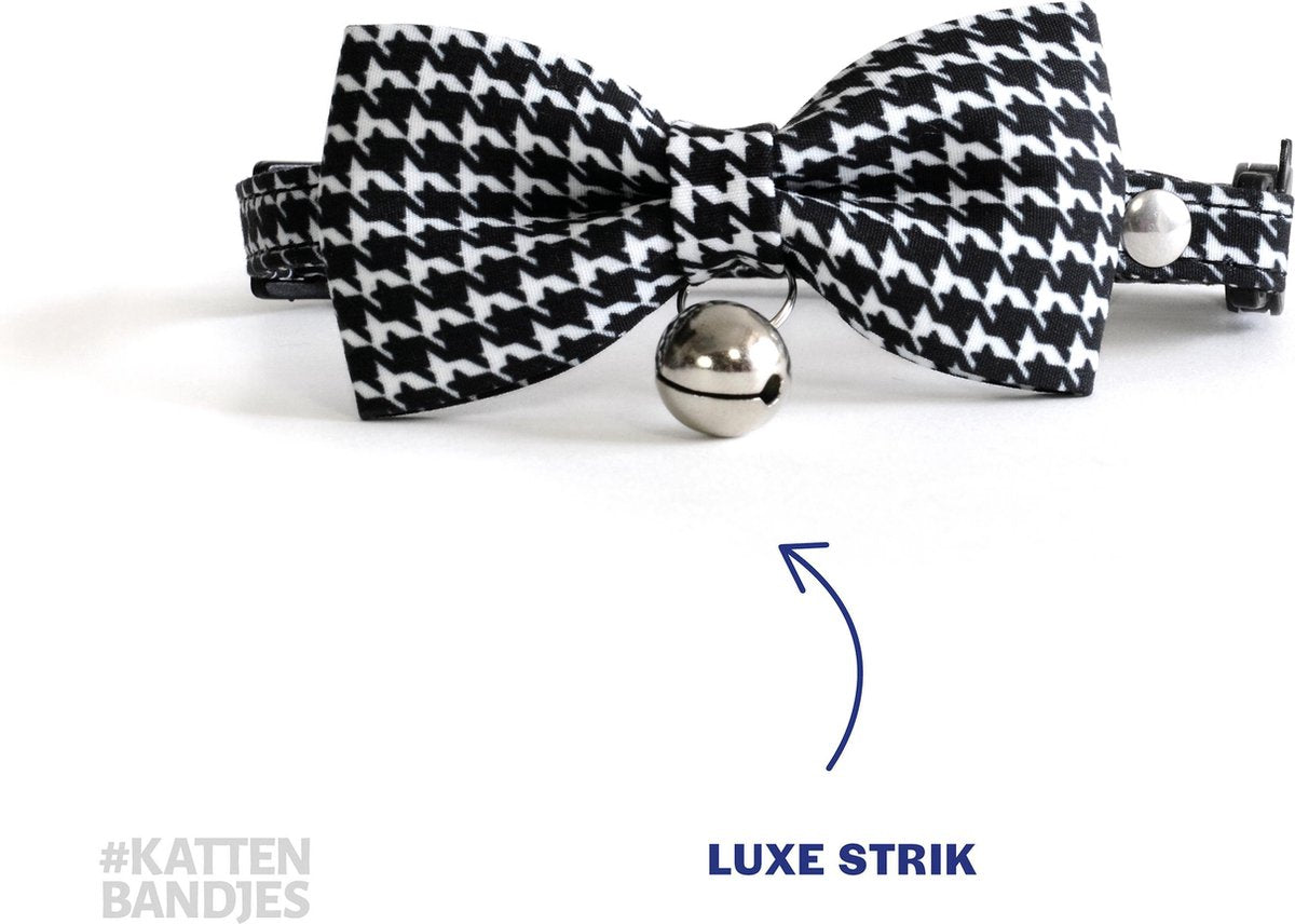 Luxe kattenhalsband met strik | Halsband kat | Kattenband | Kitten | Kattenbandje met strik veiligheidssluiting en belletje pied-de-poule motief