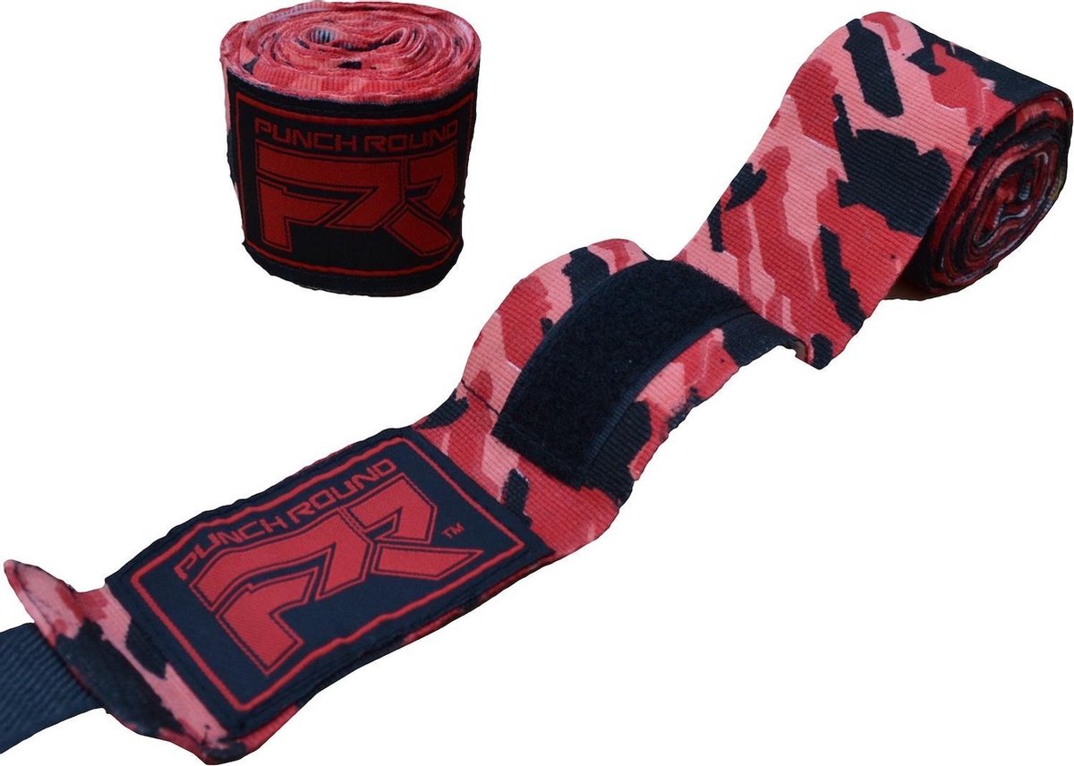 Punch Round TreX Boksbandages Camo Zwart Rood  Kies hier uw maat Boksbandages: Kids - 200 cm x 4 cm