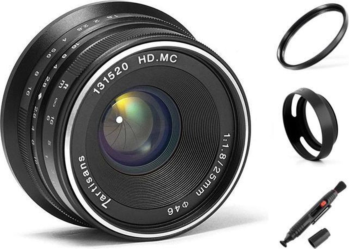 7artisans 25mm F1.8 manual focus lens Sony systeem camera + Gratis lenspen + 46mm uv filter en zonnekap
