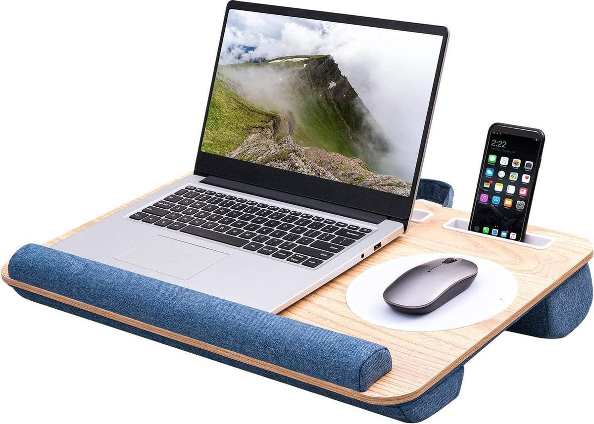 HN® Luxe Comfortabele schoot en bureau laptop / tablet / telefoon plateau donker blauw | Portable houder | Ingebouwde houders / muismat en kussens | bed bank trein auto | laptophouder bedtafel | knie tafel